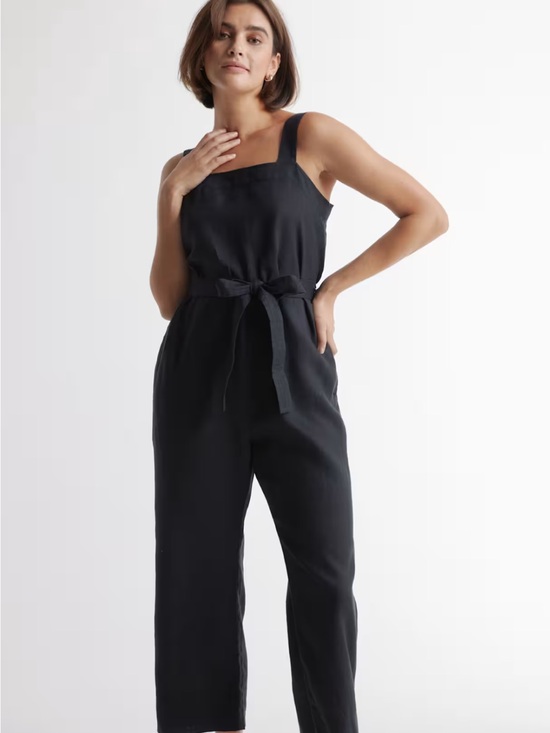 Quince Pants - Quince Square Neck Sleeveless Black Linen Jumpsuit with Waist Tie